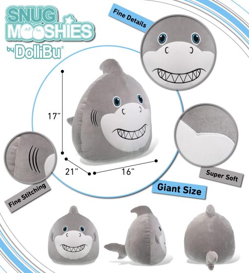 Peluche de tiburon DolliBu Snug Mooshies - Juguete de felpa grande y tierno de la vida marina, peluches super suaves y abrazables para ninas y ninos, adorable almohada de peluche animal para ninos - 17 pulgadas - Imagen 3