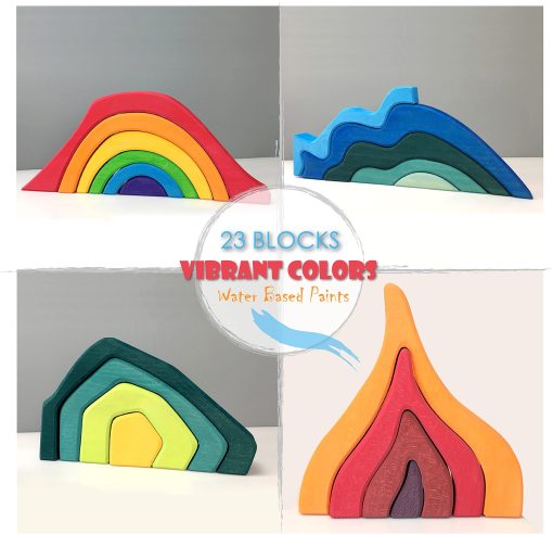 Juego de Bloques 'Cuatro Elementos' Rainbow X-Large, Juguetes de Madera para Ninos, Rompecabezas de Construccion Geometrica, Set Educativo Volcan/Casa - Imagen 4