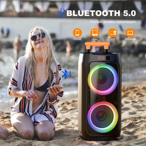 Maquina de Karaoke JYX con 2 microfonos inalambricos para adultos, altavoz de fiesta Bluetooth de 8" con 500W de potencia maxima, sistema PA con luz de DJ, ruedas giratorias y carrito, perfecto para exteriores - Imagen 7