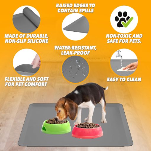 Tapete para Comida de Mascotas Skywin - 28 x 30 Pulgadas Tapete para Perros, Tapete de Silicona para Gatos, Tapete Antideslizante para Comida y Agua de Gatos y Perros, Tapete para Tazones de Comida de Perros, Protector de Pisos para Comida de Perros a Prueba de Agua, Suministros para Mascotas (Gris) - Imagen 6
