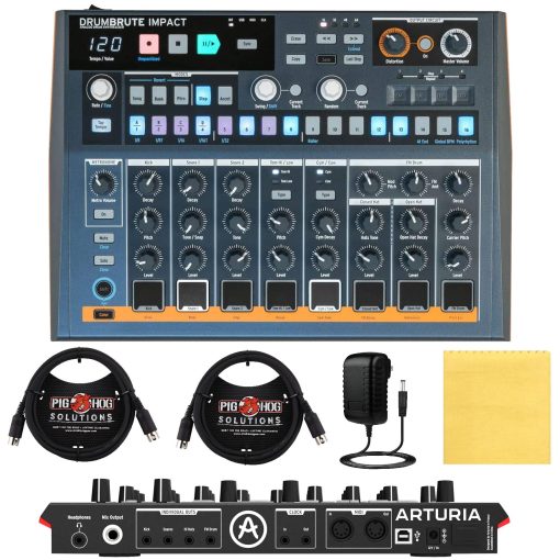 Arturia DrumBrute Impact Maquina de Bateria Analogica BUNDLE con 2x Cable MIDI Pig Hog de 6 pies, Fuente de Alimentacion y Paño de Pulido - Equipo para Crear Ritmos con 10 Sonidos de Bateria, 64 Patrones con 64 Pasos