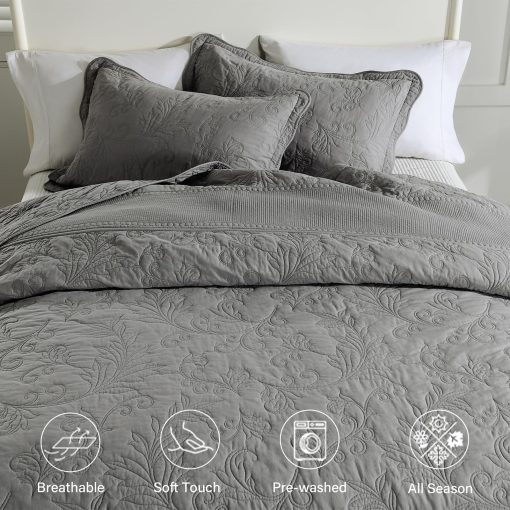 Colcha de Cama King Extra Grande 120"x120" - 100% Algodon Colcha Acolchada King/Cal King con Bordado de Vides, Juego de Colcha Gris Solido, Suave y Ligera Colcha Extra Grande con 2 Fundas de Almohada - Imagen 5