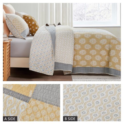 Colcha King Size Finlonte, 100% Algodon Colcha King Size, Colcha Acolchada Amarilla Gris para Cama King, Ligera y Reversible Juego de Ropa de Cama de 3 Piezas - Imagen 4
