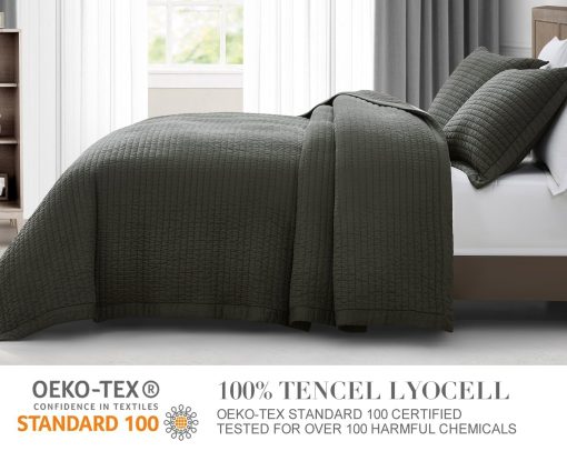 Juego de Colcha de 100% Tencel Lyocell Queen Size - Gris Pizarra Costura Pick Stitch Colcha Suave y Transpirable de 250GSM Relleno de Algodon para Todas las Estaciones - Imagen 7