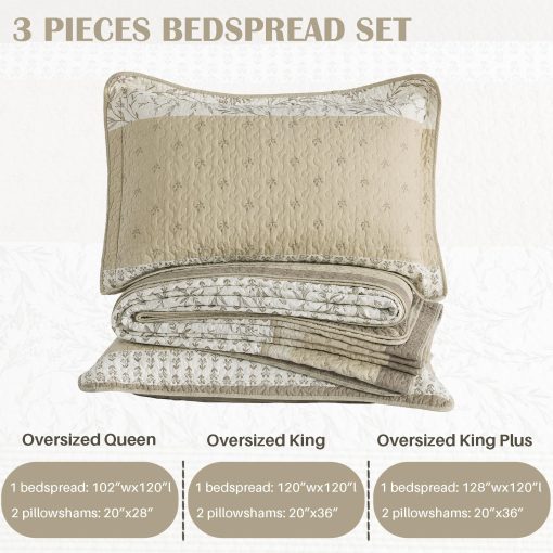 Colcha de Cama Queen de Algodon Oversized FineStichery 120"x102", Juego de Colcha a Rayas Marron Beige con Fundas de Almohada, Ligero y Reversible, Todas las Estaciones, 3 Piezas - Imagen 6