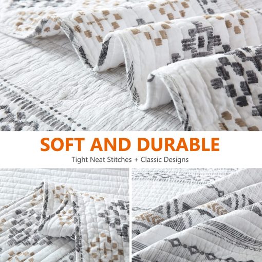Juego de Edredon Queen Size DUOHONG - Juego de Colcha Edredon Queen, 100% Algodon Juego de Ropa de Cama Boho para Cama Queen, 3 Piezas Colcha Reversible Bohemia a Rayas Ligera Acolchada, Blanco - Imagen 6