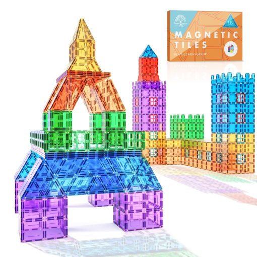 Juego de 110 piezas de azulejos magneticos Lean & Grow Toys para ninos Conjuntos de construccion de azulejos magneticos 3D Bloques de construccion Regalos educativos de STEM para ninos y ninas pequenos - Imagen 2