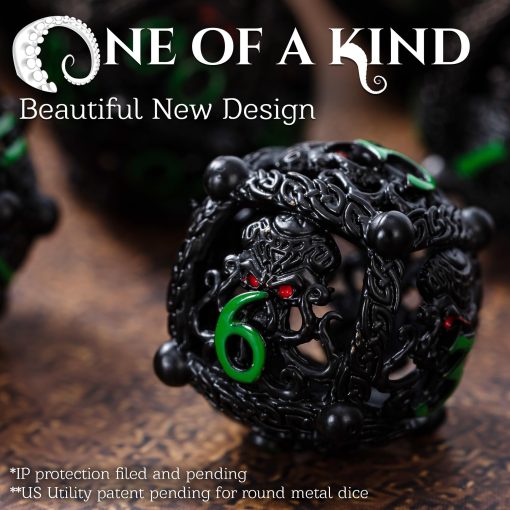 Conjunto de dados DND de metal - Diseno unico de orbe hueco redondo para un mejor lanzamiento - Conjunto de dados de metal Cthulhu geniales para juegos de rol (RPG) - Impresionante conjunto de dados de Dungeons and Dragons (Negro Verde) - Imagen 2