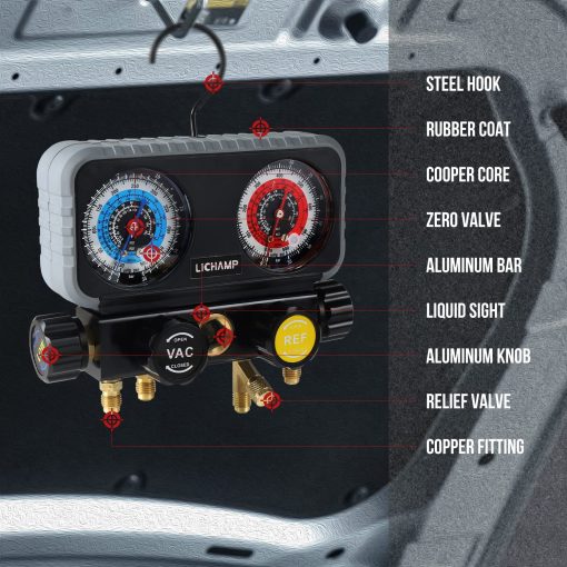 Juego de Manometros HVAC Lichamp R410A AC R134A, Freon R22 R32 410A 134A Juego de Manometros de Diagnostico con Kit de Mangueras Equipo de Recarga de Refrigerante para Aire Acondicionado - Imagen 4