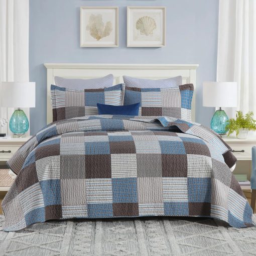 Juego de Edredon a Cuadros Uniclinens Tamaño King, Set de Edredon de Patchwork de Algodon 100%, Edredon Ligero Reversible de Granja, Conjunto de 3 Piezas con 2 Fundas de Almohada, Azul/Marron/Blanco