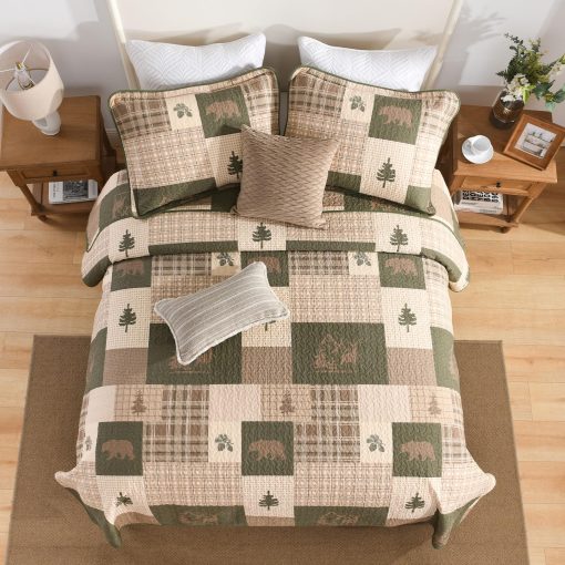 Edredon Queen Size Finlonte, 100% Algodon Edredon Cabana Queen, Juego de Edredon de Cabana de Granja Queen, Colcha Reversible Ligera para Todas las Estaciones, Marron/Verde Grisaceo/Beige - Imagen 7
