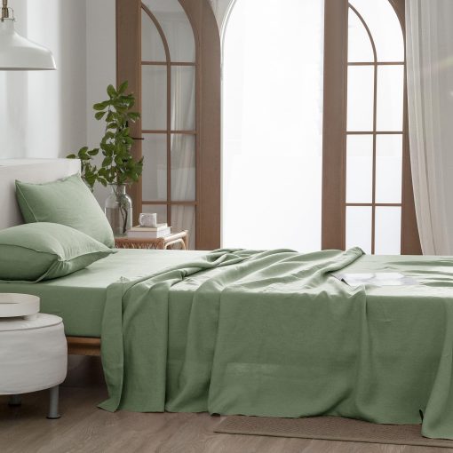 Juego de sabanas de lino EVERLY tamaño completo, 100% puro lino frances lavado a la piedra, 4 piezas (1 sabana plana, 1 sabana ajustable, 2 fundas de almohada) Adecuado para personas que duermen calientes, juego de ropa de cama natural - Verde Saga - Imagen 3