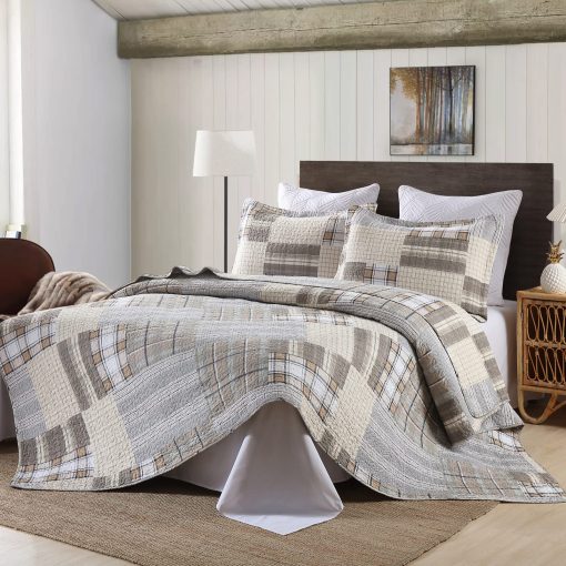 Colcha de algodon KALOOLA 100% algodon tamano queen, juego de cama de colcha a cuadros marron tamano queen 3 piezas, colchas ligeras de estilo granja para todas las estaciones, 1 colcha 2 fundas de almohada - Imagen 2