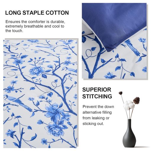 Set de Edredon Queen Size FineStichery, 100% Algodon de Fibra Larga Azul Ramas Florales, Juego de Ropa de Cama Acolchado Reversible de Estilo Granja Suave con Alternativa de Plumon y 2 Fundas de Almohada para Todas las Estaciones - Imagen 4