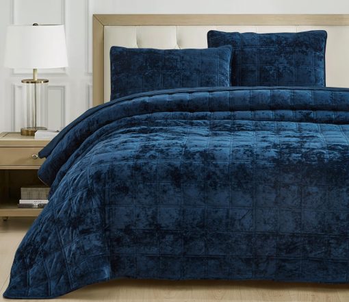 Chezmoi Collection Piers Juego de Edredon de Terciopelo Azul Marino King Extralarge, Set de 3 Piezas de Relleno de Cama Acolchado de Terciopelo Distressed, Ligero para Todas las Estaciones - Microfibra Cepillada Reversible con Doble Puntada Cuadrada - Imagen 2