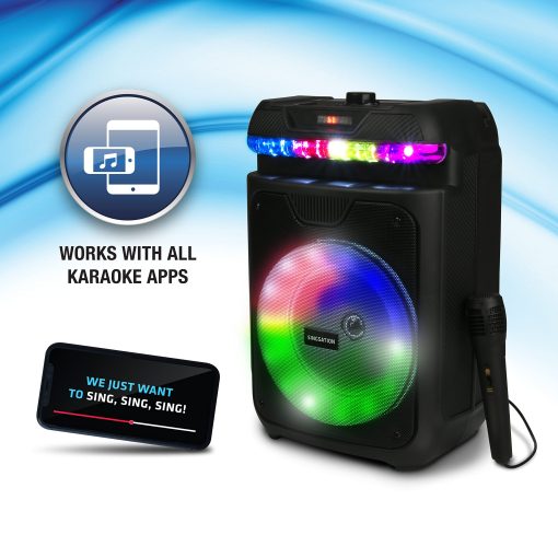 Maquina de Karaoke Portatil Singsation, Dos Microfonos, Bluetooth 5.0, Altavoz de 8 pulgadas, Control Remoto y Luces LED, Recargable, Lector de Archivos de Musica USB y Micro SD, AUX y FM para Fiestas - Imagen 7