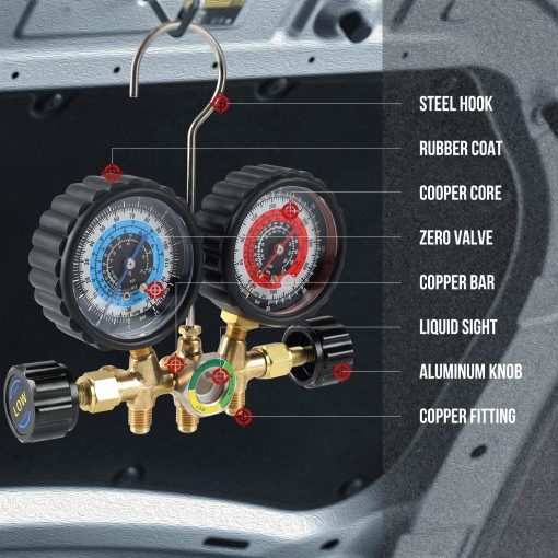 Juego de Manifold de Diagnostico de A/C Lichamp R134a R22 R12 R502 con Manguera de 5FT, Acoplamientos de Puncion y Tapon Autocerrante, Clasico #A301 - Imagen 4