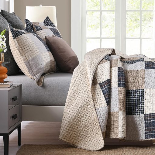Colchas Queen Size de Granja Y-PLWOMEN - 100% Algodon Colcha de Cuadros Queen con 2 Fundas de Almohada, Colchas de Cama Acolchadas Transpirables, Juego de Ropa de Cama, Marron Beige, Queen (90 * 98 Pulgadas) - Imagen 2