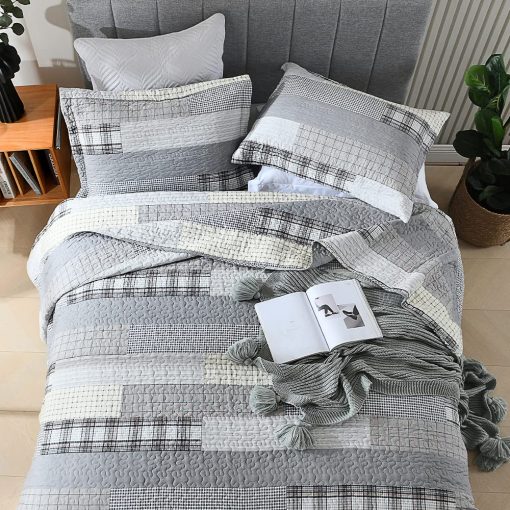 Edredon Queen Size Mescore, Juego de Edredon de Retazos de Algodon 100% Juego de Edredon Reversible y Ligero para Cama Queen Tamaño Completo Cubrecama para Cama Queen Todo el Año, Gris Azul Beige Marron 3 Piezas - Imagen 6