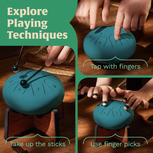 ZERBEAT Steel Tongue Drum 6 Pulgadas, 8 Notas Tambor de Acero + Soporte unico, Baquetas, Puas de Dedo, Bolsa, Amigable para Principiantes y Adultos | Instrumentos Musicales Espirituales. (Azul Lago - con soporte) - Imagen 6
