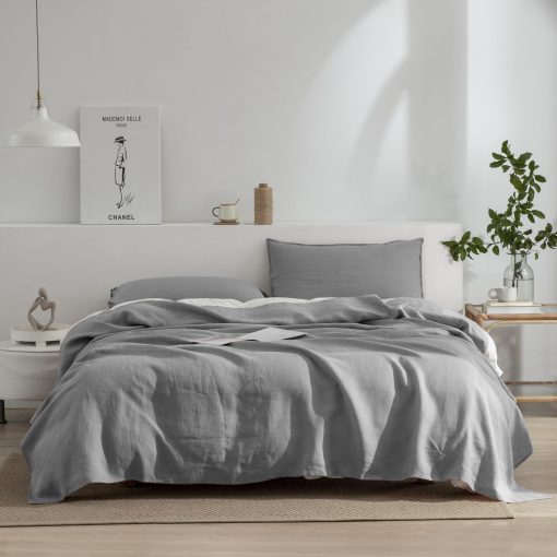 Juego de Sabanas de Lino EVERLY para Cama Queen, 100% Lino Frances Lavado a la Piedra Sabanas de Cama con Bolsillos Profundos, 4 Piezas (1 Sabana Plana, 1 Sabana Ajustable, 2 Fundas de Almohada) Juego de Ropa de Cama de Lino Natural, Gris Claro - Imagen 8