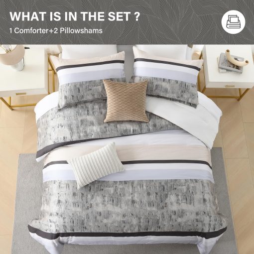 Set de Edredon Queen Size SahSahCasa - Juego de Ropa de Cama Esponjoso, Juego de Edredon de Algodon 100% para Cama Queen, Edredon Acolchado Suave con Textura Patchwork, 3 Piezas, 90"x90", Gris/Beige - Imagen 6