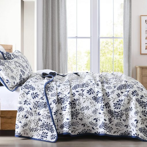 Edredon Floral Gris Azul BCOTTOND Tamano Queen - Juego de Edredon de Algodon 100% Funda de Cama Tamano Queen Ligero Reversible Suave Colcha de Cama Juego de Ropa de Cama para Todas las Estaciones de 3 Piezas - Imagen 4