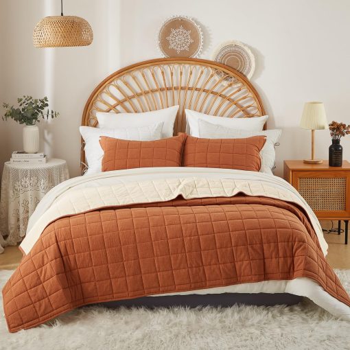 Edredones Queen Size Quemados Naranja de softpage - Juego de Edredon Queen Size de 3 Piezas con Cubrecamas a Rayas en Crema y 2 Fundas para Almohadas - Ropa de Cama