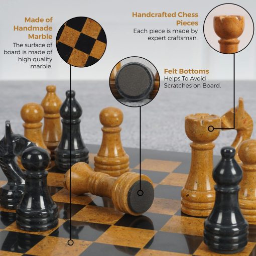Juego de ajedrez de marmol Radicaln de 12 pulgadas en negro y dorado - Juegos de adultos de ajedrez hecho a mano - Juego portatil de ajedrez de torneo - 1 tablero de ajedrez y 32 piezas de ajedrez - Juegos de mesa de viaje - Imagen 5