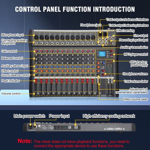 Mezcladora de Audio Inalambrica de 12 Canales, Equipo DJ Profesional, Consola con Bluetooth USB, Mezcladora DJ con Efectos, Mesa de Sonido con Alimentacion de 48V, Entrada/Salida RCA para Profesionales y Principiantes (12 Canales) - Imagen 6