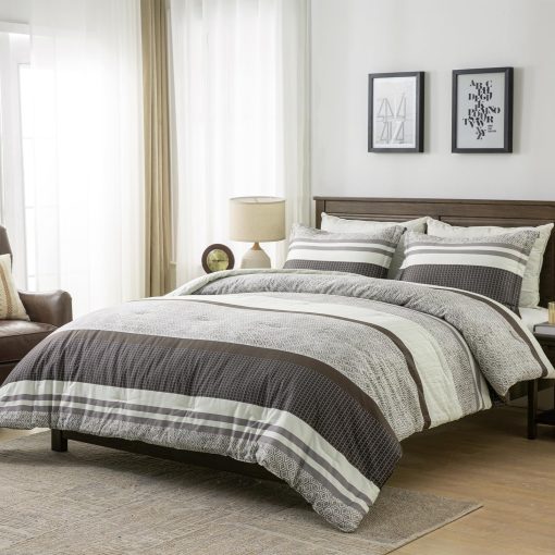 Juego de Edredon King, Juego de Ropa de Cama a Rayas Marron para Cama King, Edredon de Algodon 100%, Esponjoso y Ligero para Todas las Estaciones para Cama King, 104" x 90", 3 Piezas - Imagen 2
