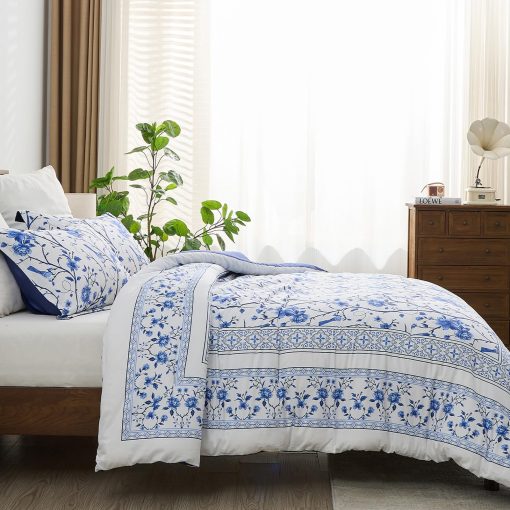 Set de Edredon Queen Size FineStichery, 100% Algodon de Fibra Larga Azul Ramas Florales, Juego de Ropa de Cama Acolchado Reversible de Estilo Granja Suave con Alternativa de Plumon y 2 Fundas de Almohada para Todas las Estaciones - Imagen 2
