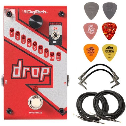 Pedal Digitech DROP Polyphonic Drop Tune Pitch-Shifter con Bundle de 2 Cables de Patch, 2 Cables de Instrumento y 6 Puas Dunlop