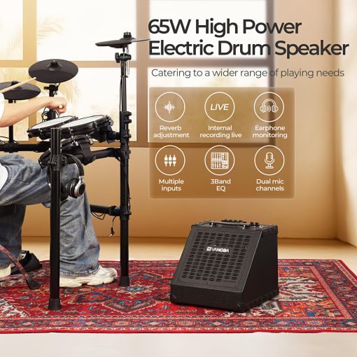 Amplificador de bateria electrica Vangoa 65W Profesional Altavoz de amplificador de tambor electronico inalambrico de 3 bandas EQ USB Monitor personal de bateria electrica Altavoz de teclado, Negro - Imagen 2