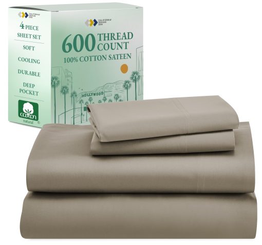 Juego de sabanas de lujo California Design Den para cama King - 100% algodon, 600 hilos, sabanas King de bolsillo profundo, ropa de cama de calidad de hotel con tejido satinado - Taupe