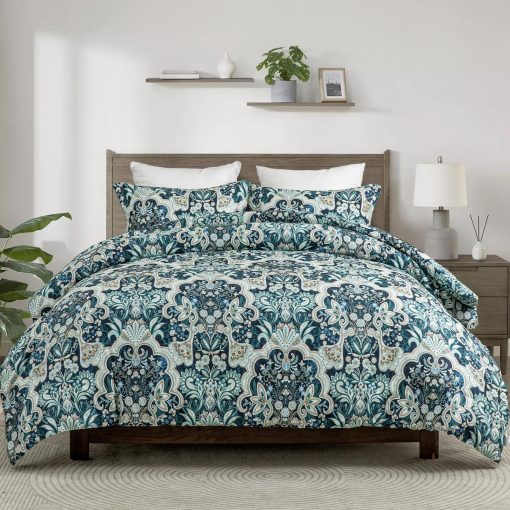 Juego de Edredon Queen Finlonte Damask, Edredon de Algodon 100%, Juego de Cama de Edredon Floral Paisley, Edredon de Lujo etnico Tamano Queen, Edredon Acolchado Suave Ligero Todo el Ano, Azul Marino/Taupe - Imagen 4