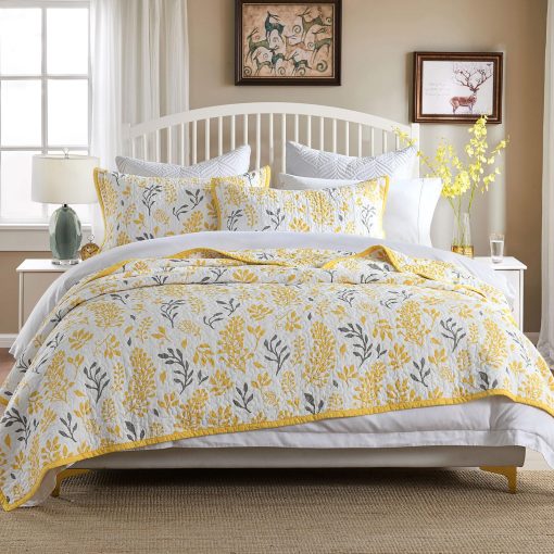 Colcha de Colchas de Tamano Queen Qiqiong, Floral 100% Algodon Juego de Ropa de Cama Colcha de Granja Tamano Queen Ligera Juego de Edredon Reversible para Cama Queen Cubrecamas, Amarillo Blanco 3 Piezas