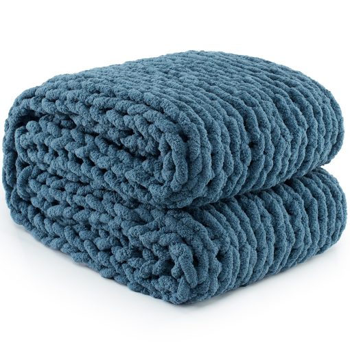 Manta de Punto Grueso Carriediosa 60" X 80" Twin, 100% Hecha a Mano con Grueso Hilo de Chenilla Suave y Esponjoso para Sofa Cama, Gran Manta de Cable Grueso y Acogedor Tejida a Croche, Azul Lyons - Imagen 9