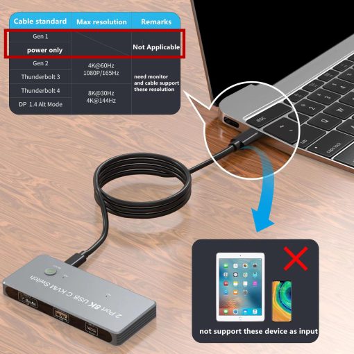 Switch KVM USB Tipo-C 8K 2 en 1, 2 USB-C a 1 DP Switch KVM para 2 Laptops Comparten 1 Monitor DisplayPort, Teclado y Raton, Soporta Resolucion de 8k@30hz, 4k@60hz, 4k@144hz, Plateado - Imagen 3