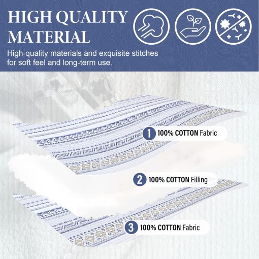 Juego de Colcha Queen Size SahSahCasa, Set de Colcha Queen, Colcha Boho 100% Algodon, Set de Ropa de Cama Queen Edredones, Colchas Reversibles Bohemias Rayadas Ligeras para Todas las Estaciones, Blanco/Azul Marino/Beige - Imagen 4