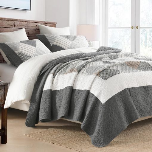 Juego de Edredon CozyStitch King - Set de Ropa de Cama Acolchado de Estilo Granja 100% Algodon con 3 Piezas en Gris Oscuro/Blanco/Marron - Imagen 3