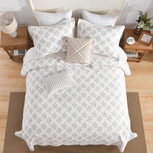 Edredon tamano King CozyStitch, 100% algodon, juego de conforter moderno granjero tamano King, Colcha blanca/almedra, Colcha reversible ligera floral Juego de ropa de cama para todas las estaciones, 3 piezas - Imagen 7
