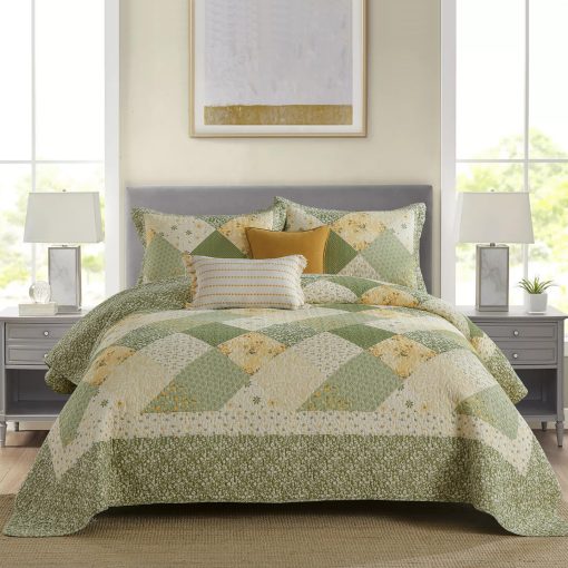 Colcha de cama extragrande KALOOLA 120x120, 100% algodon, colchas king size con estampado floral, ligera colcha reversible con fundas de almohada, 3 piezas, verde
