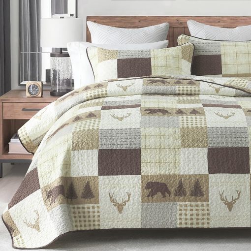 Edredon Queen Size DUOHONG, Juego de Edredones para Cama Queen, 100% Algodon, Edredon Rustico para Cama Queen, Edredon Reversible Ligero con Patrones de Vida Silvestre, Crema/Marron/Gris - Imagen 5
