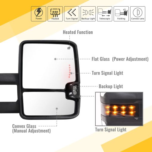 Espejos de remolque Sanooer para 2003-2007 Chevy Silverado Suburban Avalanche Tahoe GMC Sierra Yukon con cristal electrico, luz de senal de giro de flecha, lampara de respaldo, calefaccion extensible, juego de pares (Pintado de blanco 8624) - Imagen 2