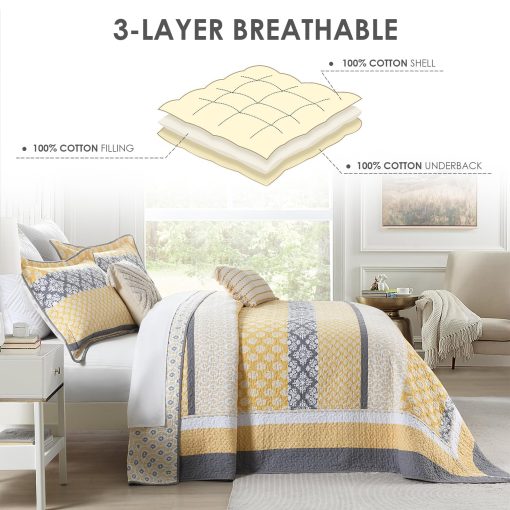 Colcha QuiltEase Oversized King - 120" Lx120 W Extra Ancha - Juego de Colcha de Rayas de Algodon Ligera - Colcha Reversible California King - 3 Piezas - Amarillo/Blanco/Gris - Imagen 4
