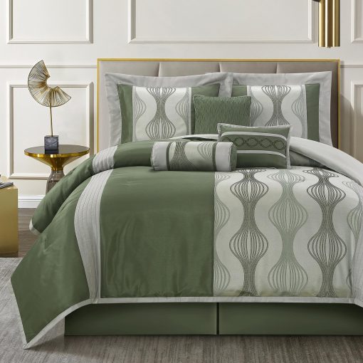 Juego de Edredon para California King LANCO MODERN LIFESTYLE, Verde, 7 Piezas en una Bolsa, Suave Jacquard con Pieza Solida, Juego de Cama de Lujo con Edredones, Faldon de Cama, Fundas de Almohada y Cojines Decorativos