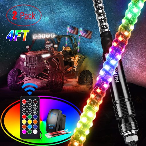 Nilight 2PCS 4FT Spiral RGB LED Whip Light w/RGB Chasing/Dancing Light RF Remote Control Lighted Antenna Whips for Can-am ATV UTV RZR Polaris Dune Buggy 4 Wheeler Offroad Jeep Truck, 2 Year Warranty