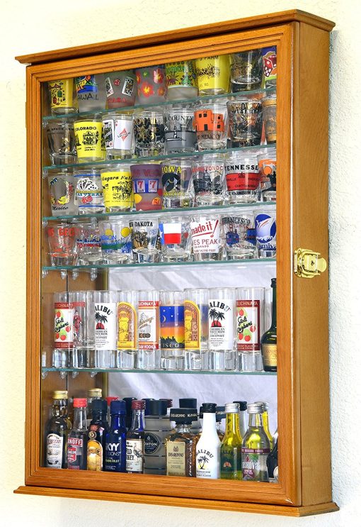 Gabinete exhibidor para vasos de chupito con grandes espejos y 7 estantes de vidrio ajustables, roble