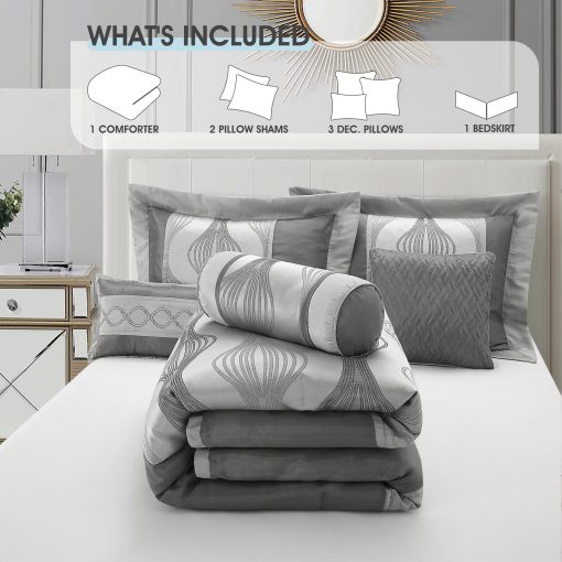 Juego de Edredon LANCO MODERN LIFESTYLE King, Gris, 7 Piezas en una Bolsa, Ultra Suave Jacquard con Piezas Solidas, Juego de Cama de Lujo con Edredones, Falda de Cama, Fundas de Almohada y Cojines Decorativos - Imagen 4
